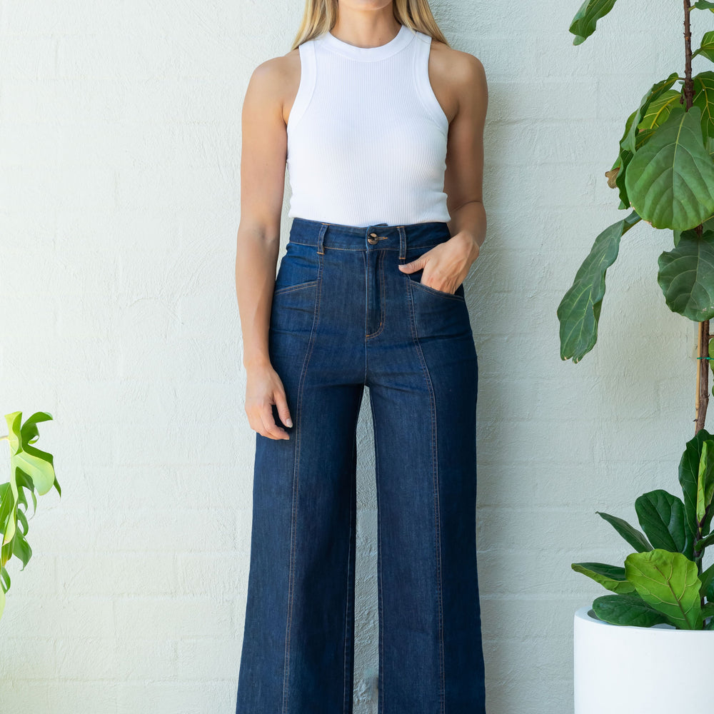 
                      
                        Indigo Denim High Waisted Pants
                      
                    