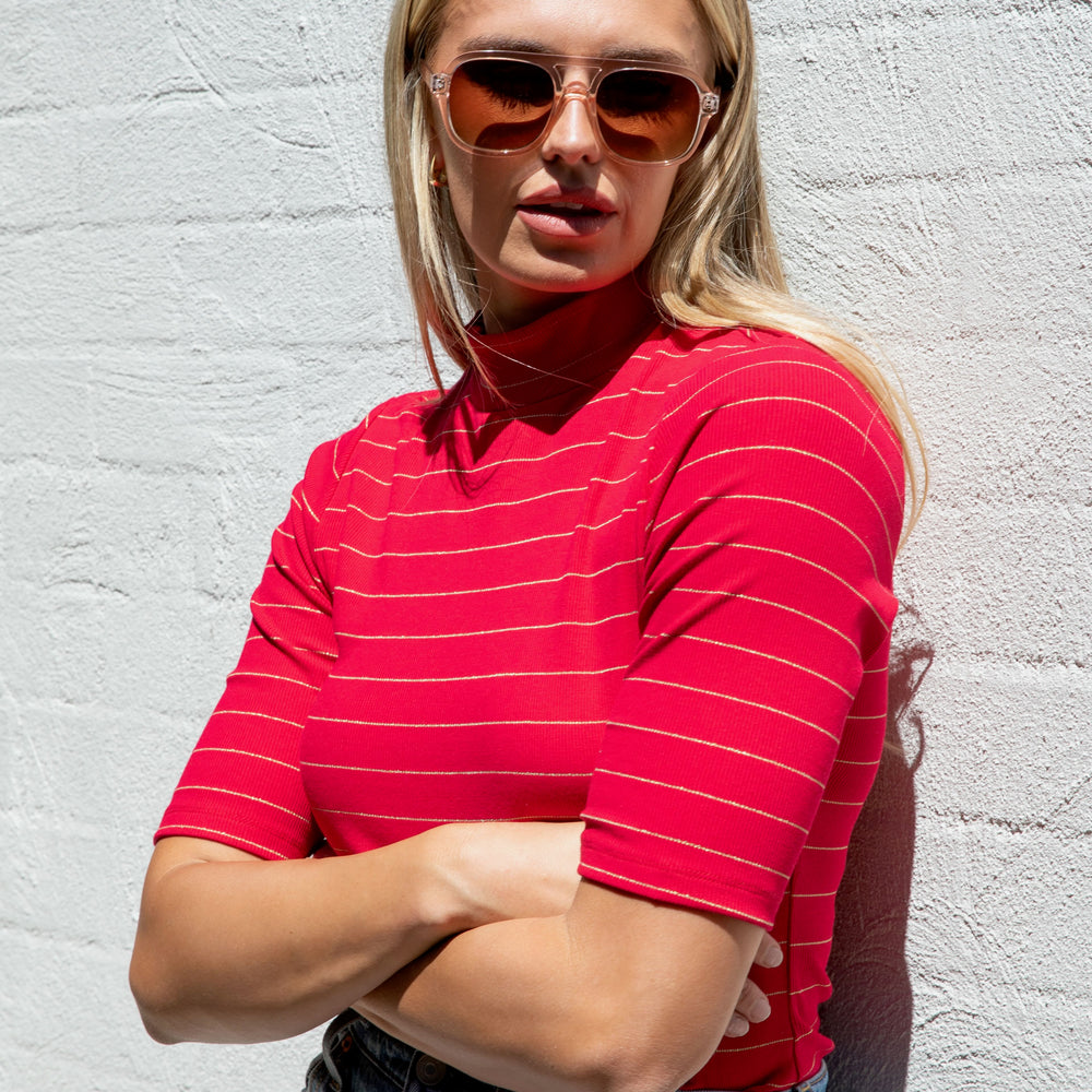 
                      
                        Red with Gold Lurex Stripe Mock Neck Top
                      
                    