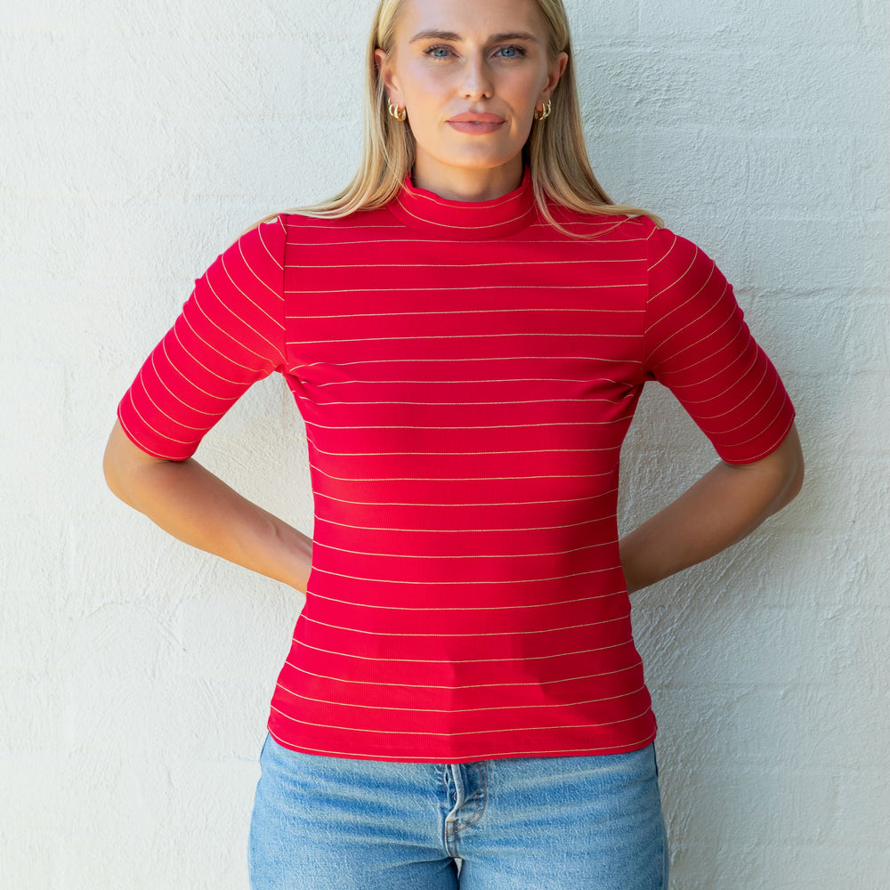 
                      
                        Red with Gold Lurex Stripe Mock Neck Top
                      
                    