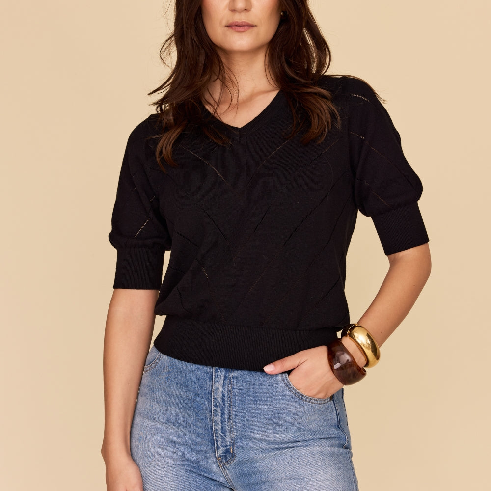 Black Cotton Cashmere Elbow Sleeve V Neck Knit Jumper