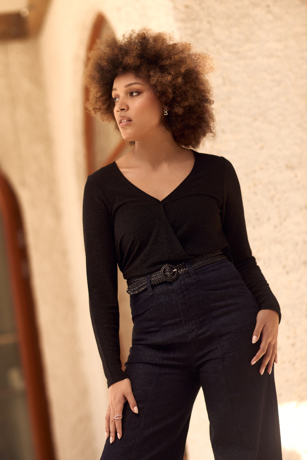 Crossover V neck black sparkly lurex long sleeve top