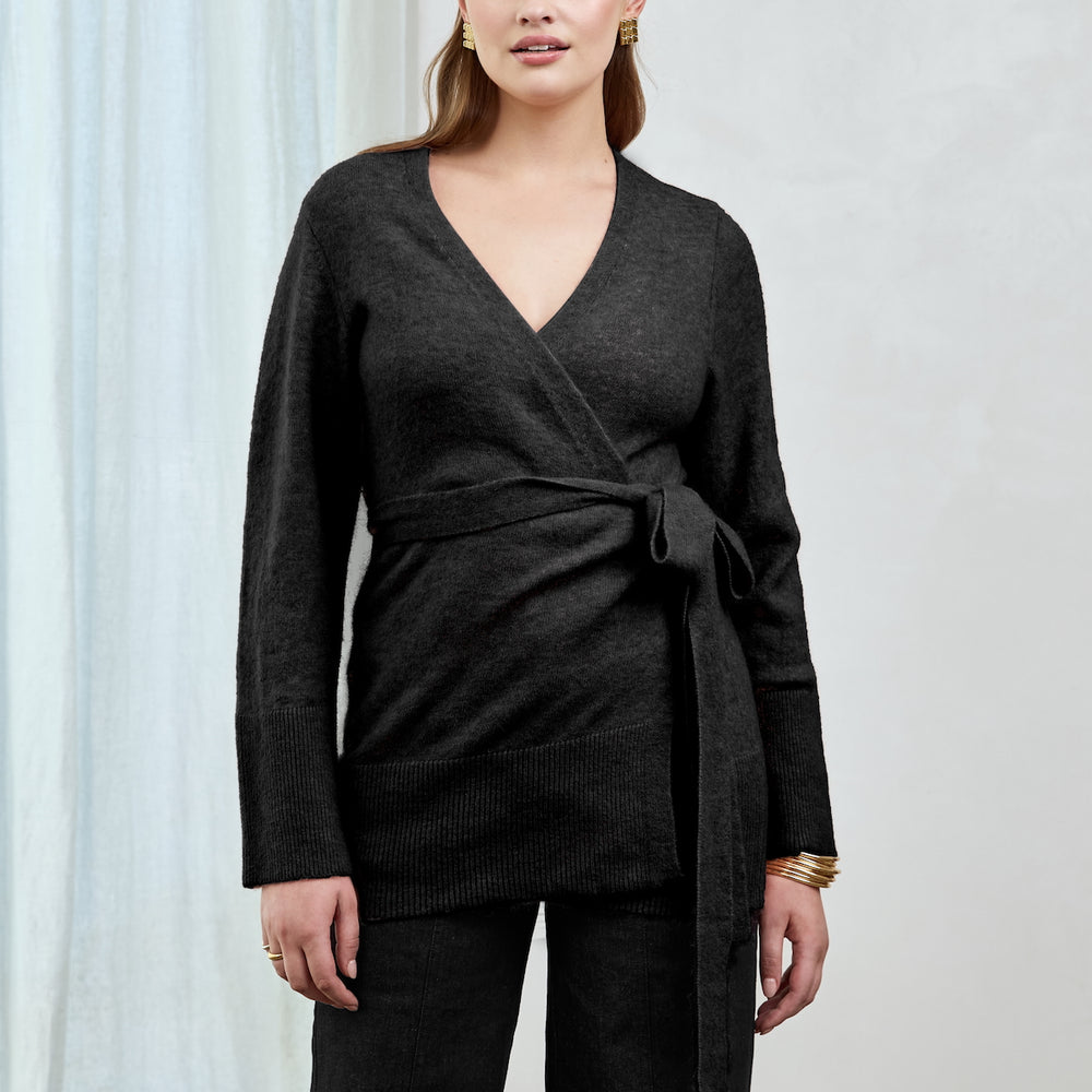 
                      
                        Black Alpaca Wool Blend Wraparound Tie Waist Cardigan
                      
                    