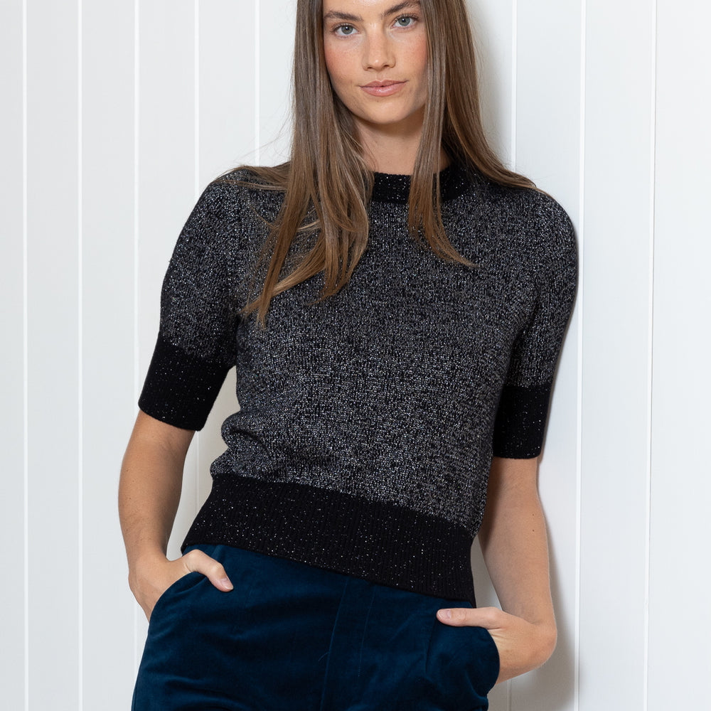 Sparkly Black and Silver Knitted Elbow Length Sleeve Sweater