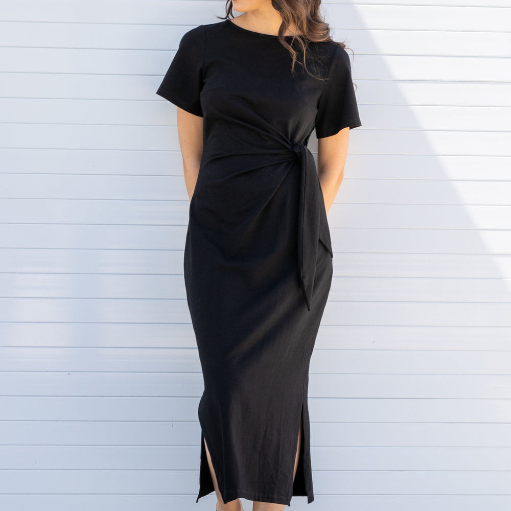 Black Stretchy Midi Length Dress with Tie Waist