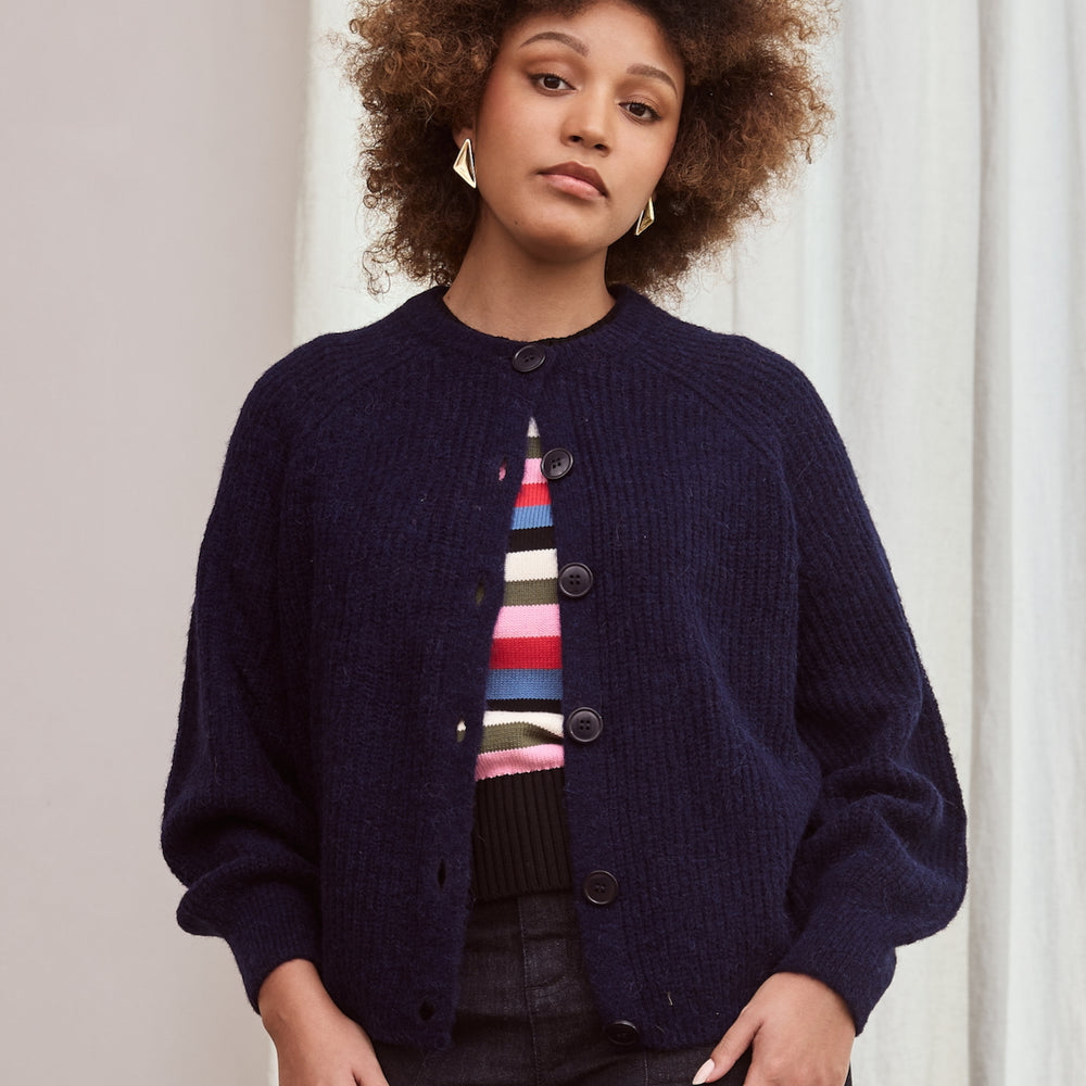Chunky Navy Blue Knit Button Down Cardigan Alpaca Wool Blend