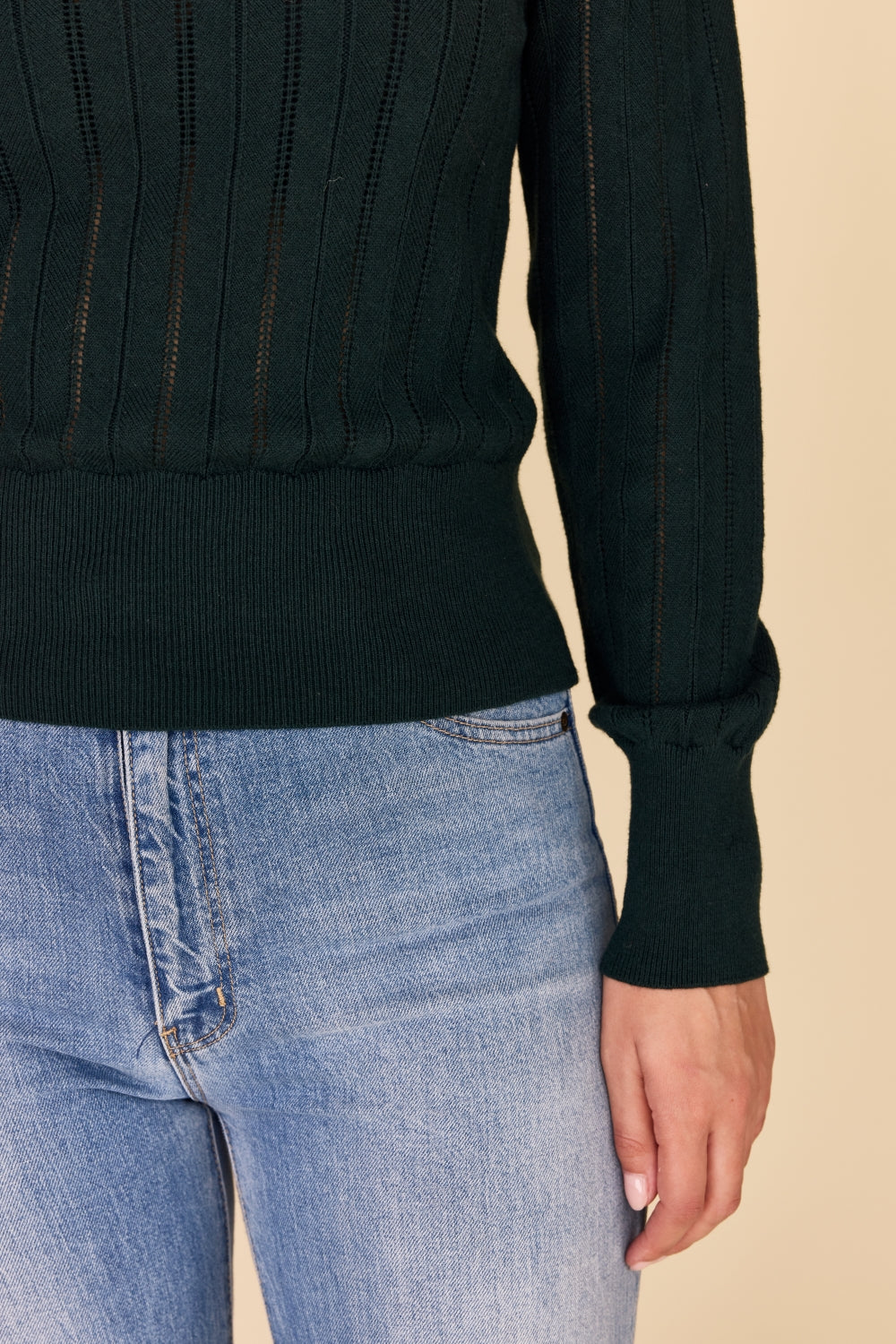 DEEP GREEN Cotton Cashmere Pointelle Knit Jumper