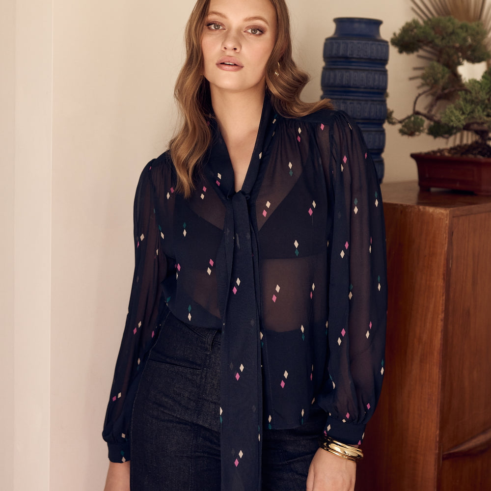 DIAMOND POLKA Tie Neck Blouse