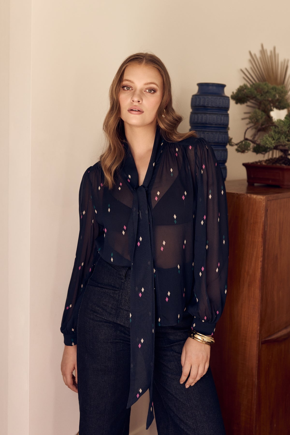 DIAMOND POLKA Tie Neck Blouse