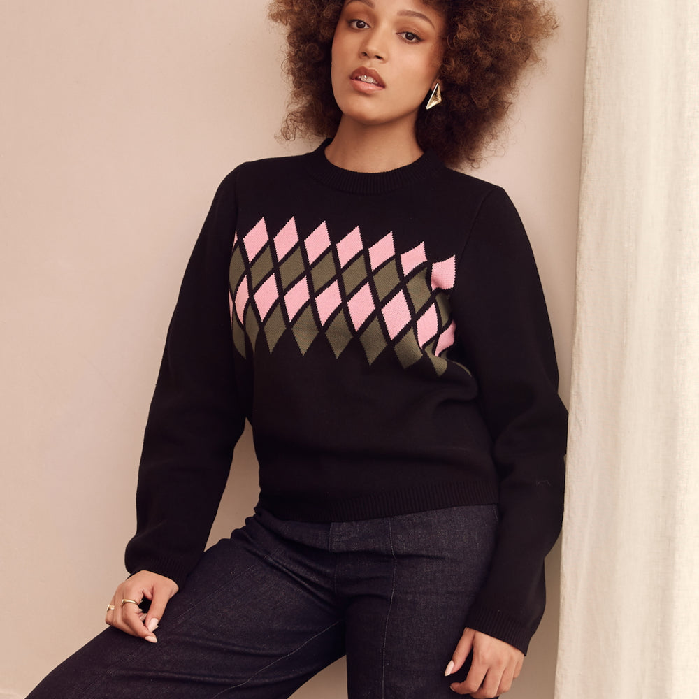 
                      
                        Black Long Sleeve Knit Jumper with Pink and Olive Green Diamonds
                      
                    