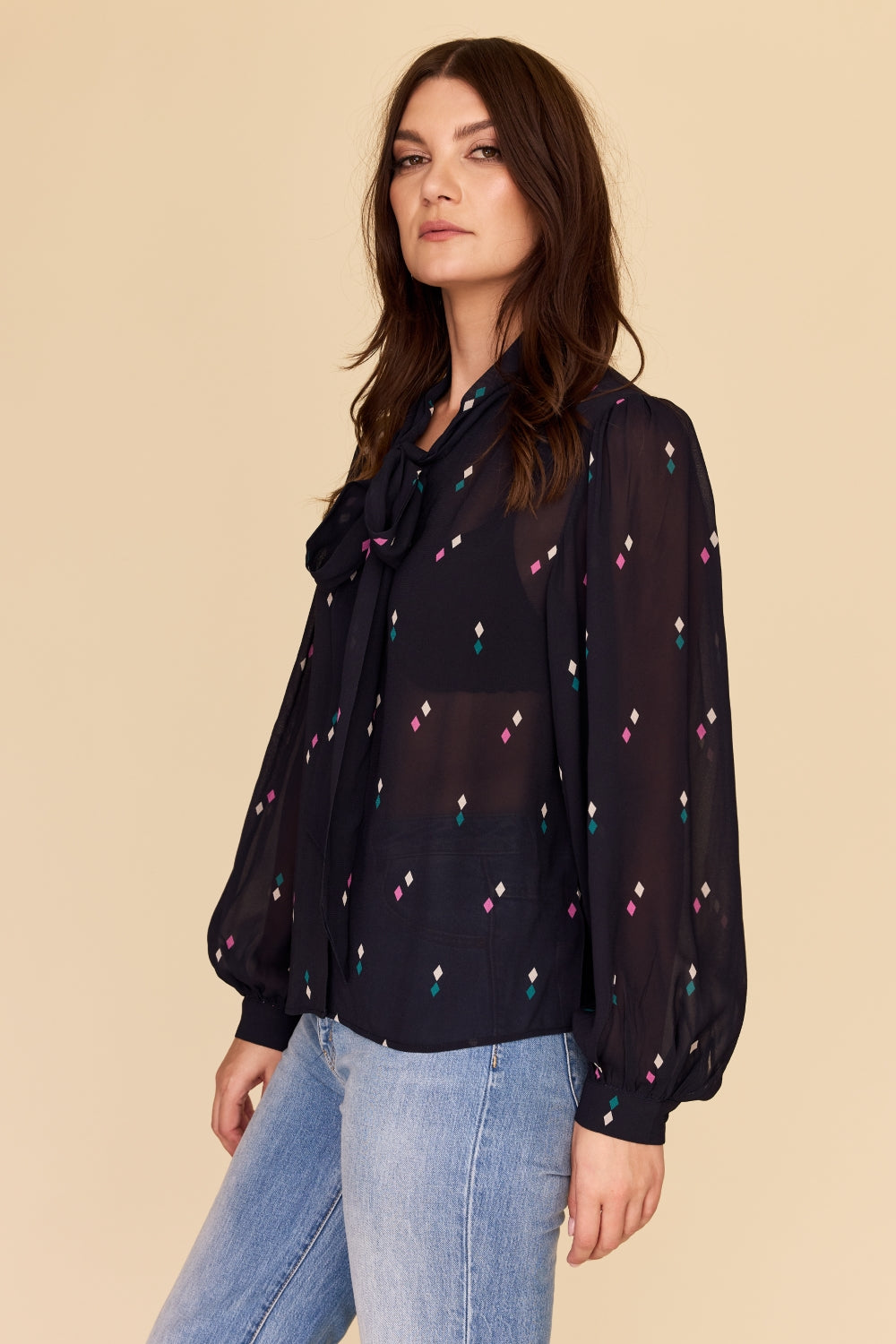DIAMOND POLKA Tie Neck Blouse