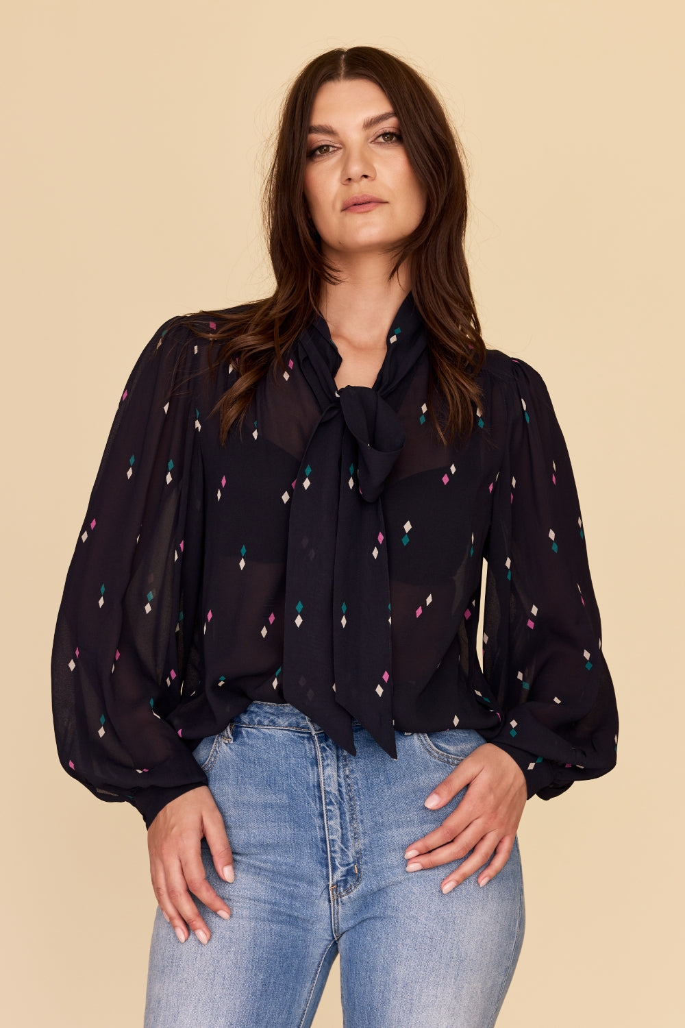 DIAMOND POLKA Tie Neck Blouse