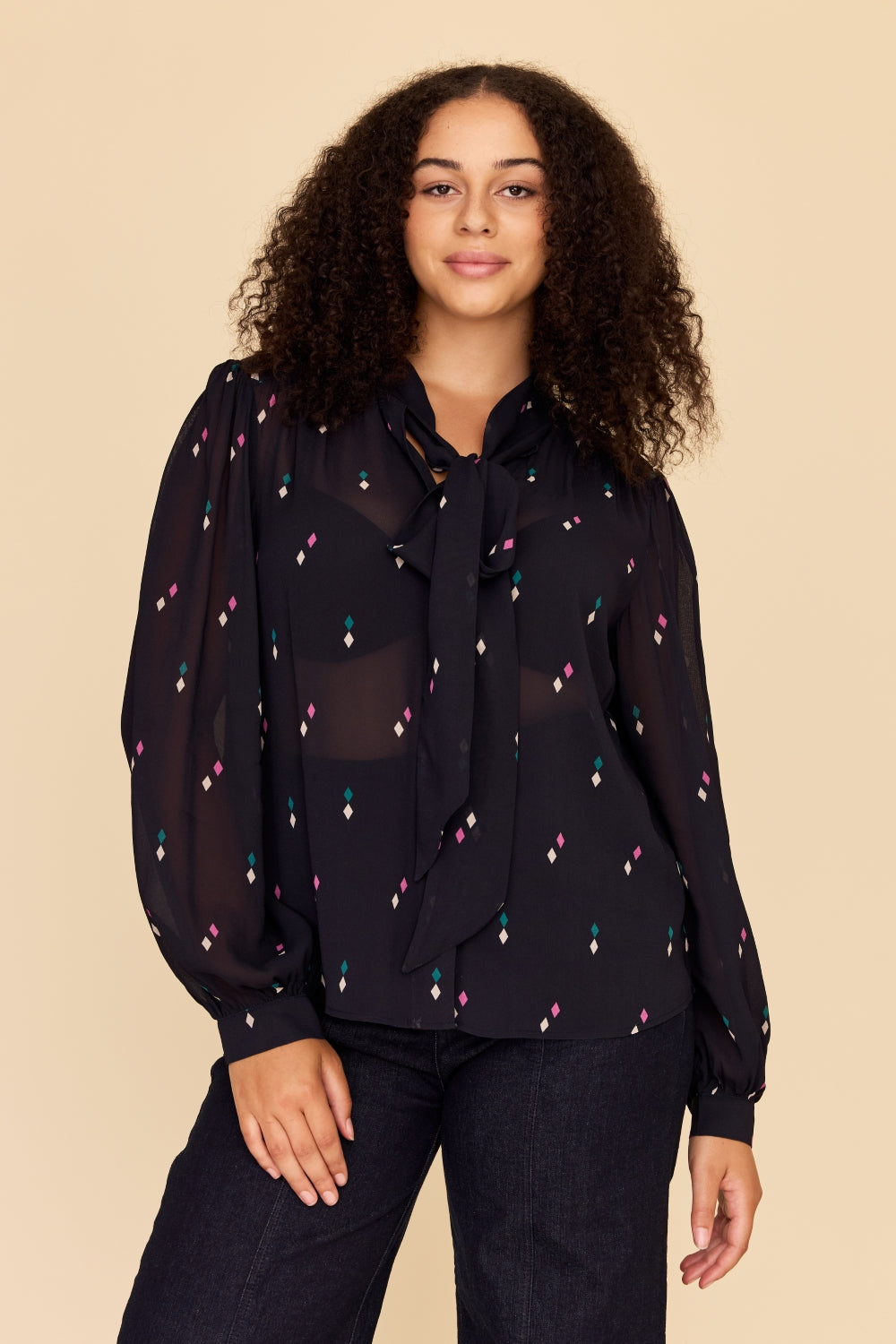 DIAMOND POLKA Tie Neck Blouse