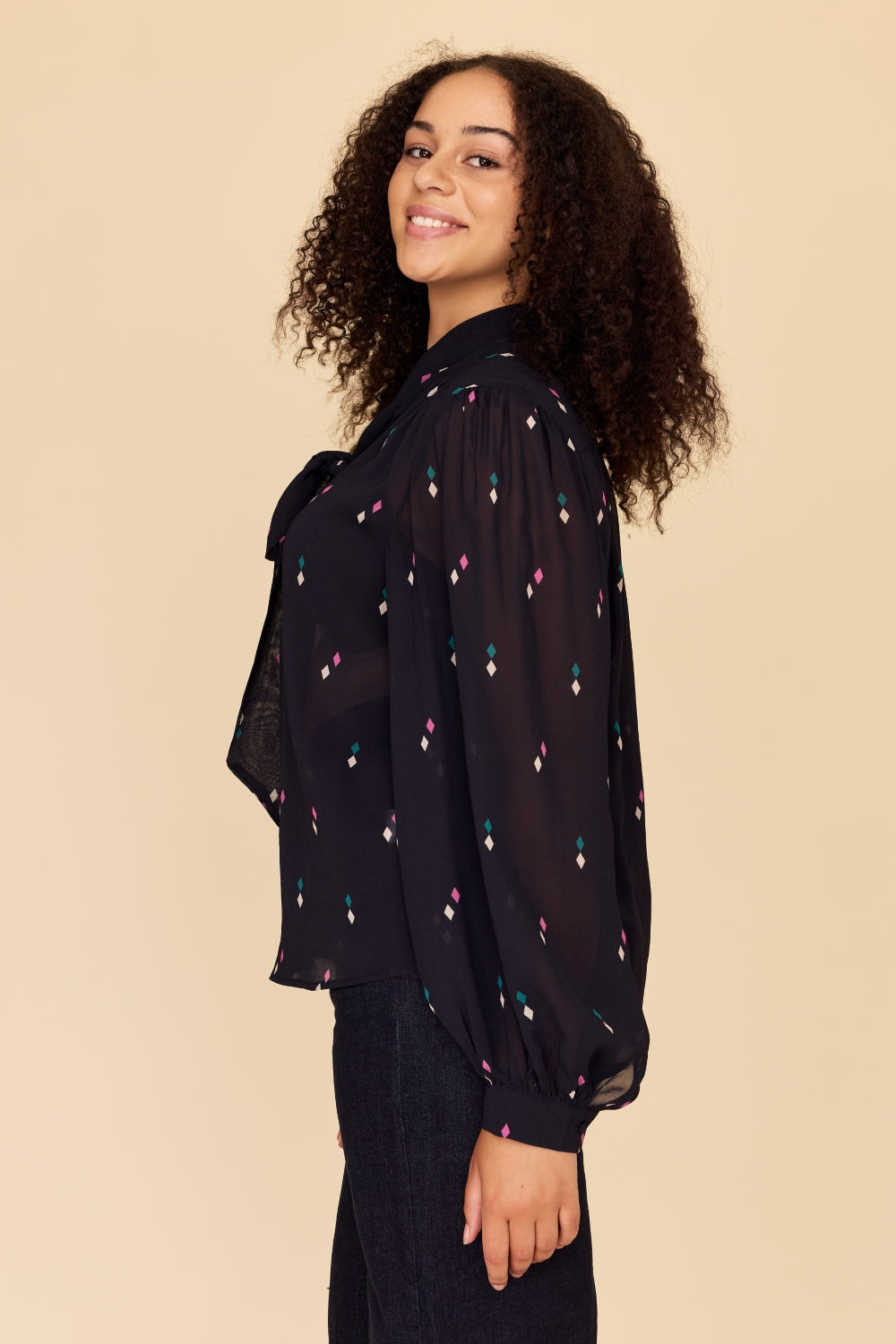 DIAMOND POLKA Tie Neck Blouse