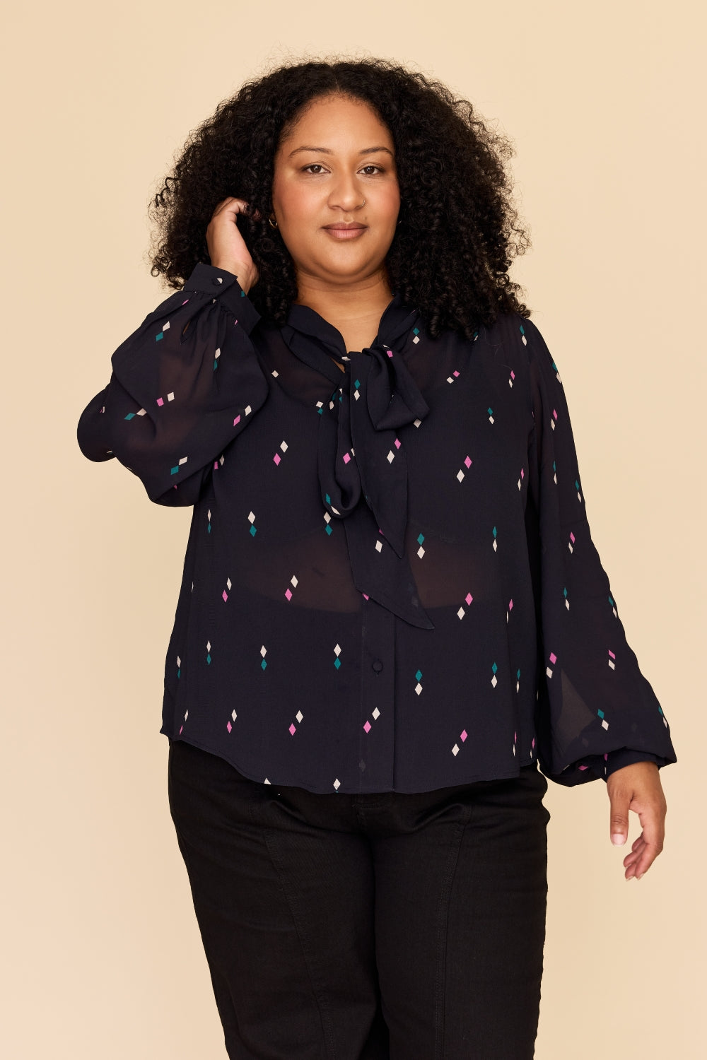 DIAMOND POLKA Tie Neck Blouse