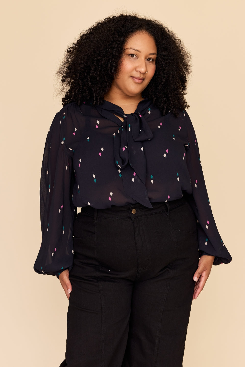 DIAMOND POLKA Tie Neck Blouse