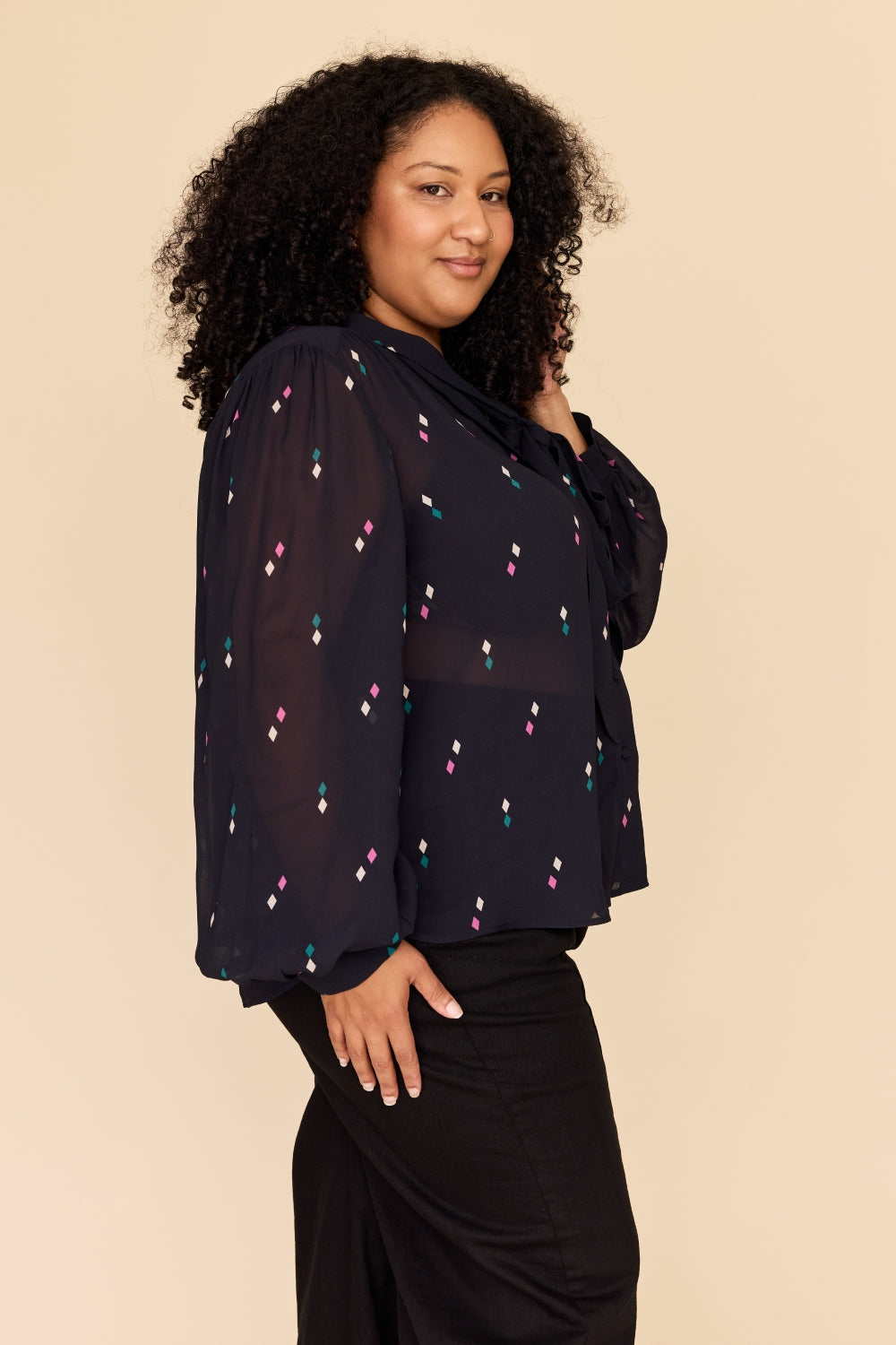 DIAMOND POLKA Tie Neck Blouse