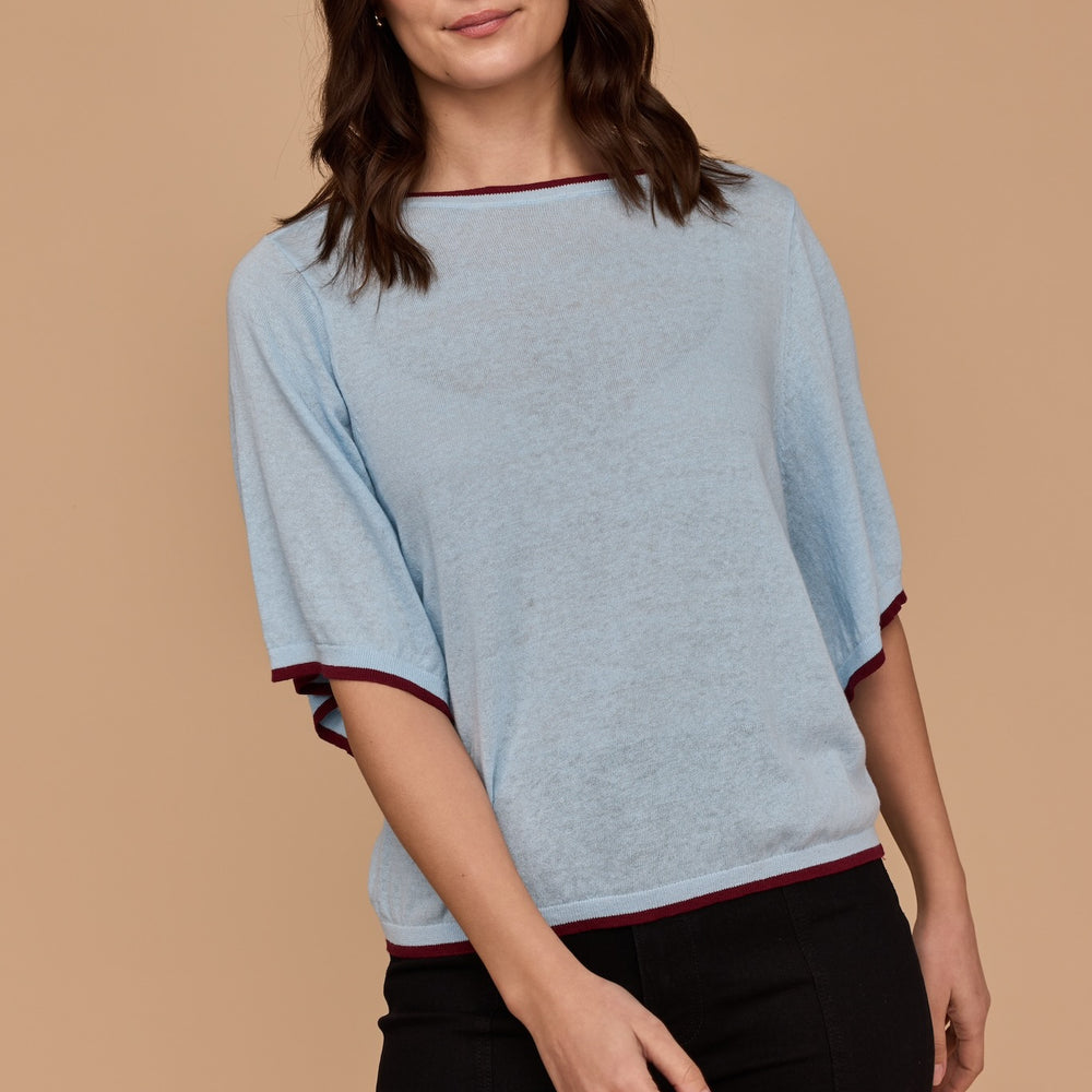 BLUE WITH BURGUNDY Kimono Sleeve Knit