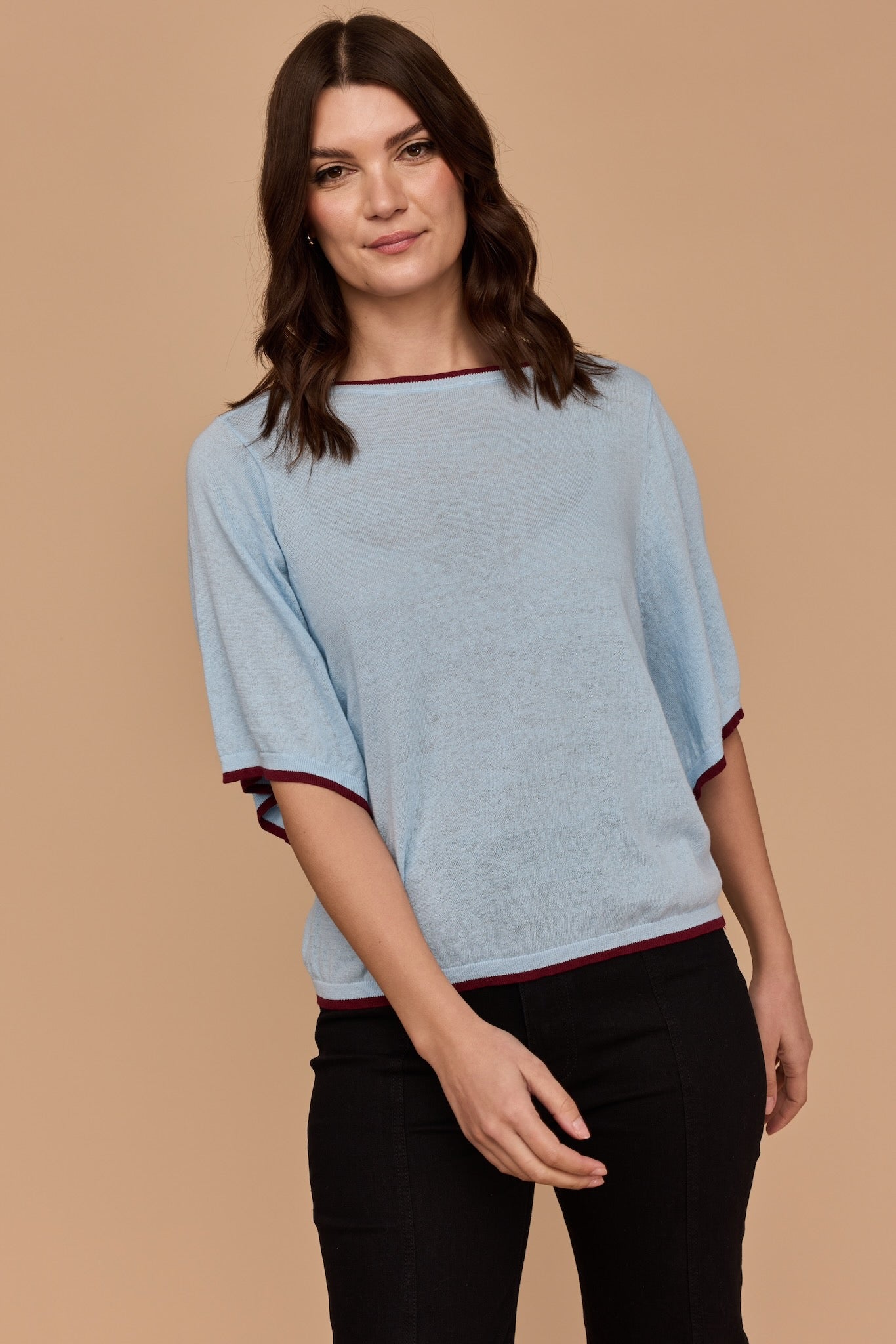 BLUE WITH BURGUNDY Kimono Sleeve Knit