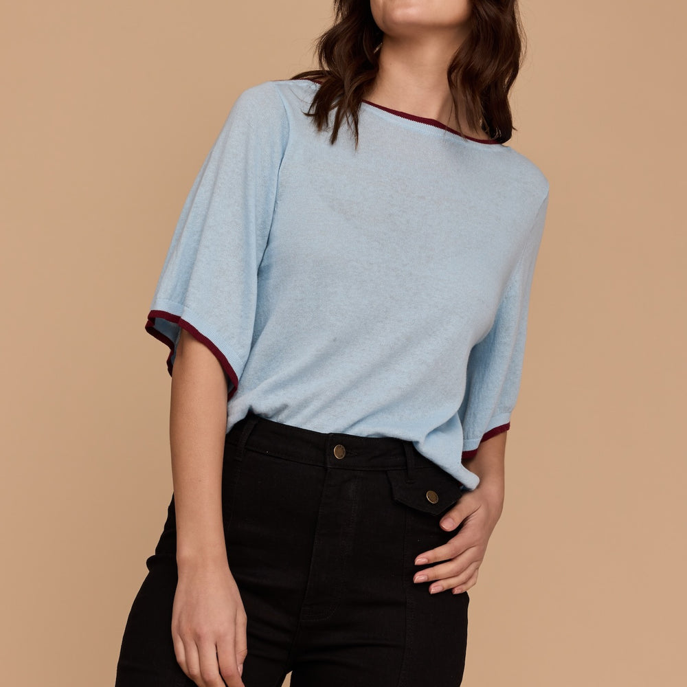 BLUE WITH BURGUNDY Kimono Sleeve Knit