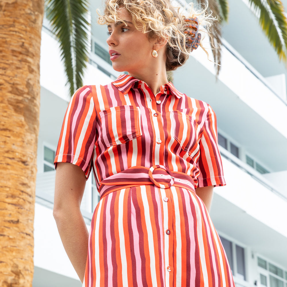 Holiday Striped Button Through Shirt Dress with Belt