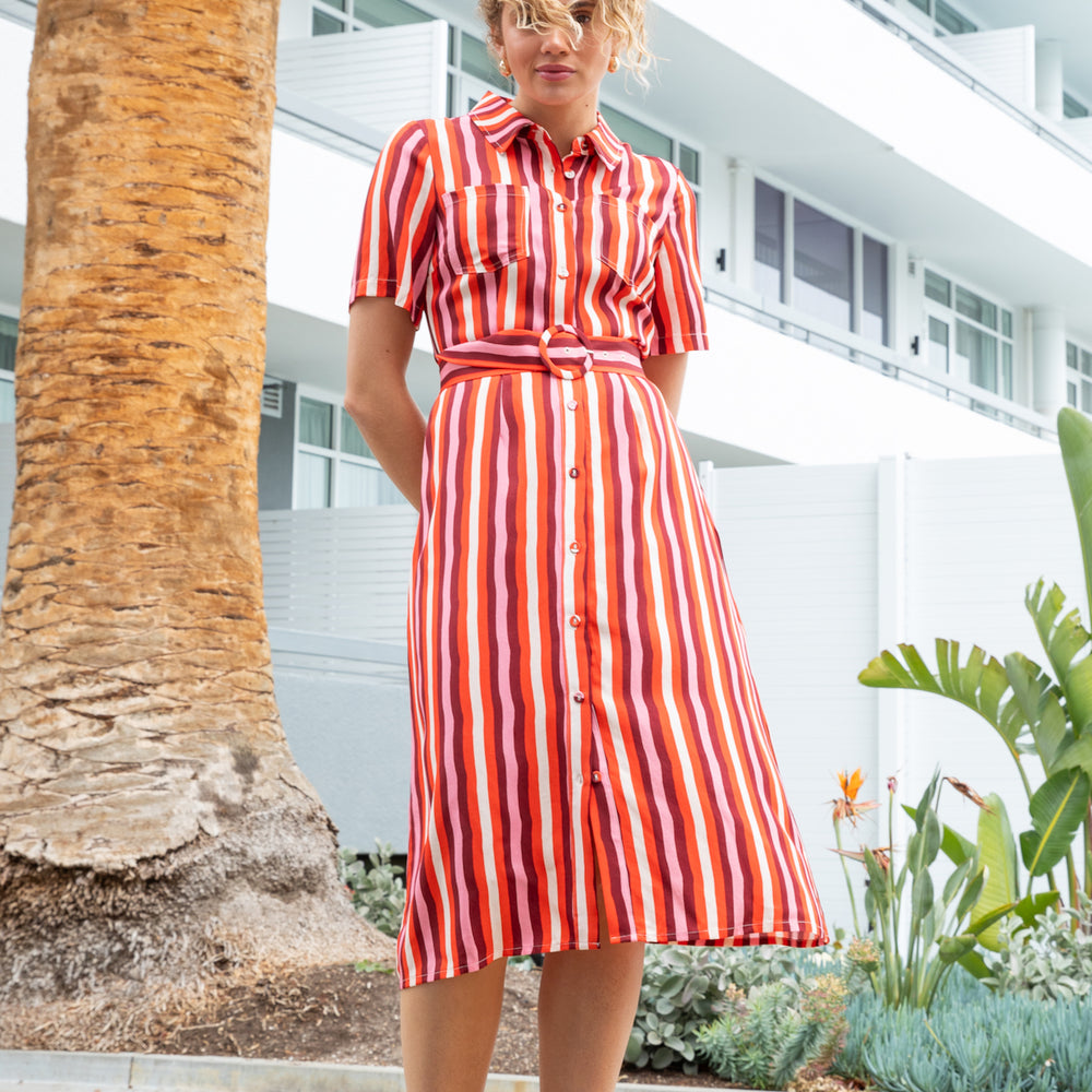 Holiday Striped Button Through Shirt Dress with Belt