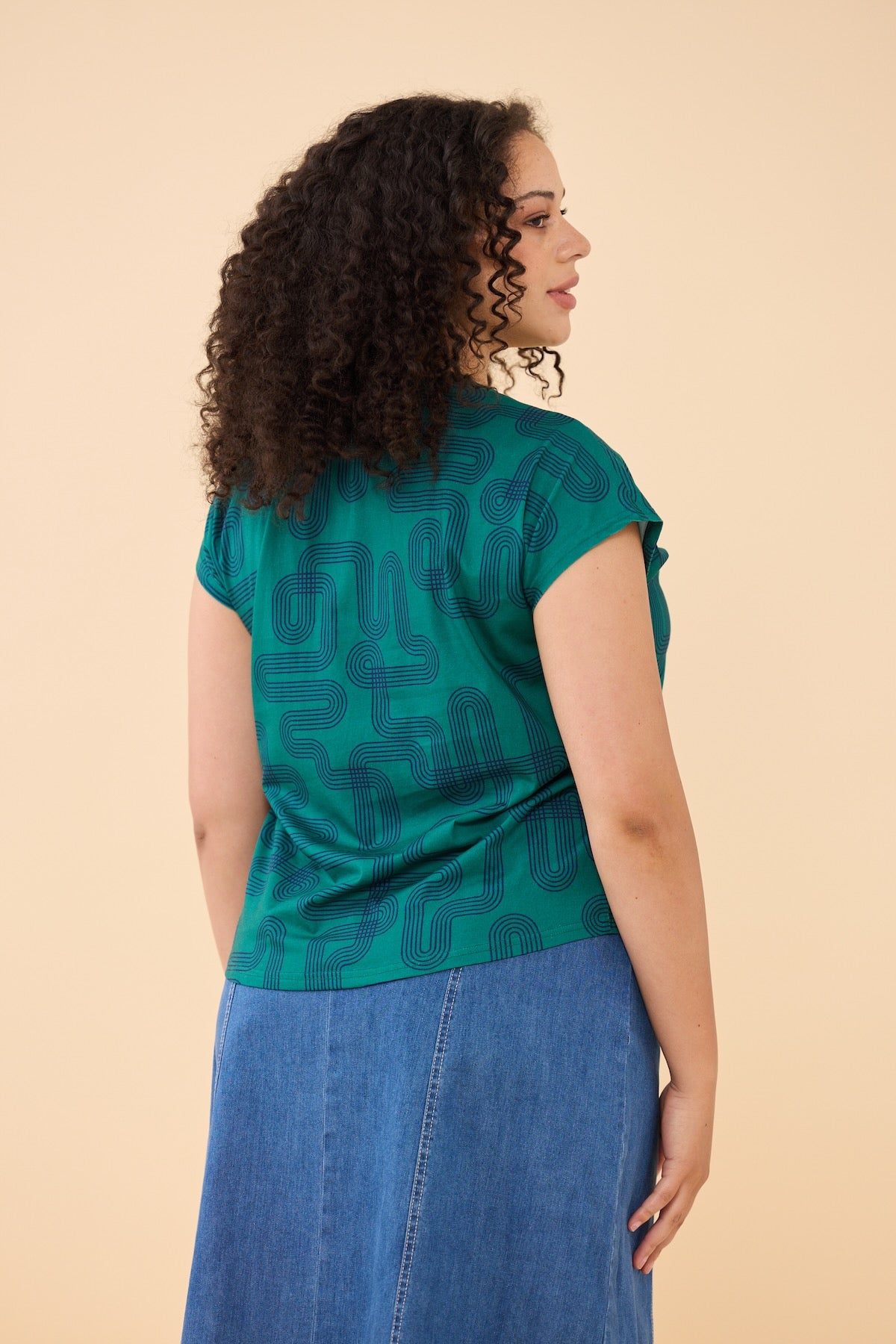 Woman wearing Frock Me Out LABYRINTH Capped Sleeve Tee