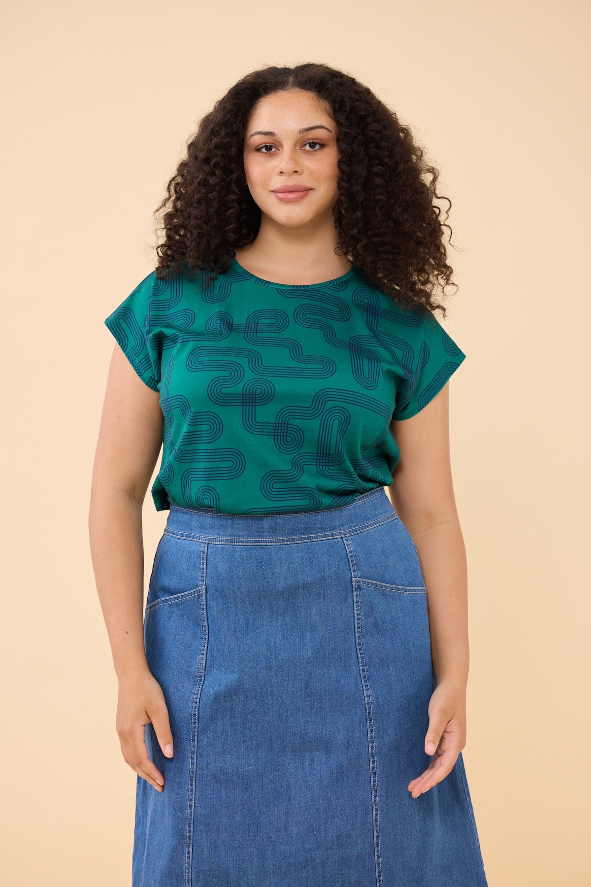 Woman wearing Frock Me Out LABYRINTH Capped Sleeve Tee