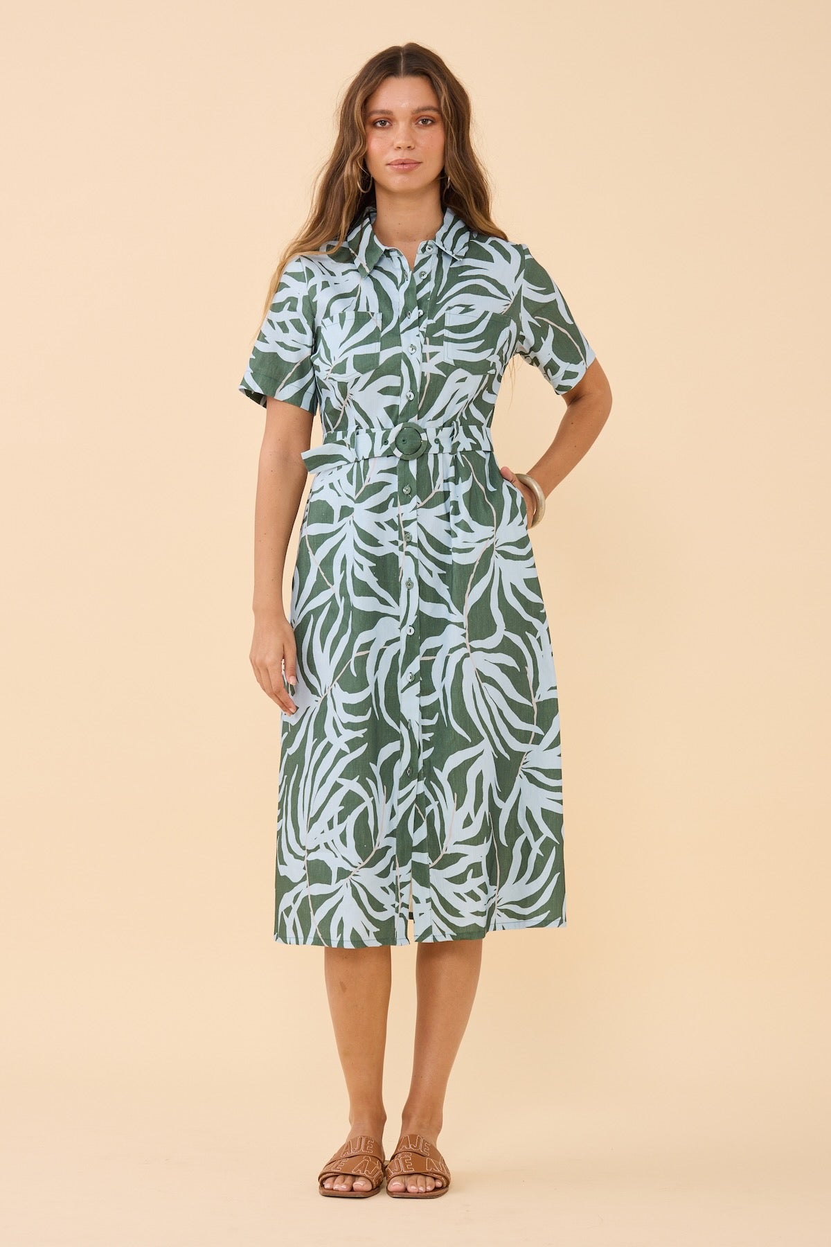 Woman wearing Frock Me Out Lets Be Fronds Shirt Dress 