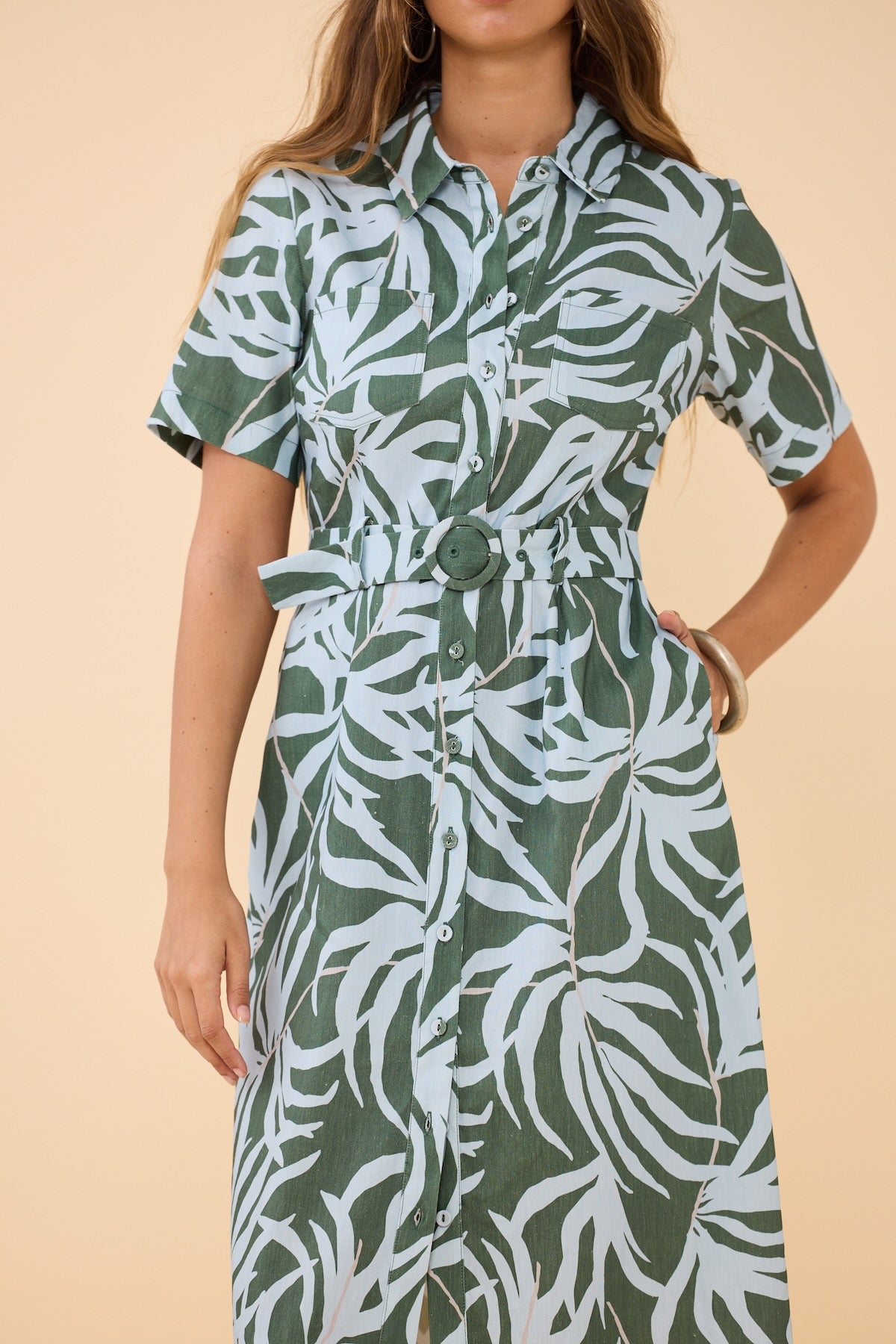 Woman wearing Frock Me Out Lets Be Fronds Shirt Dress 
