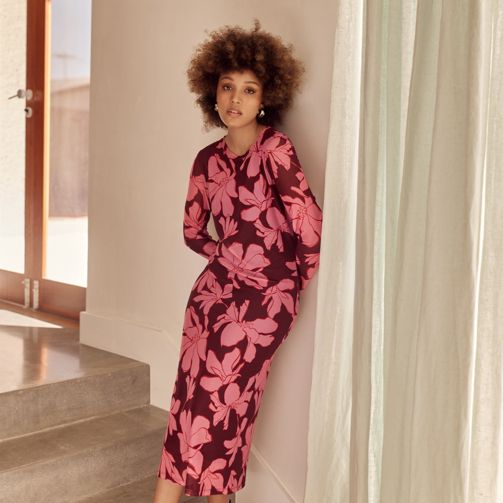Burgundy Pink Magnolia Print Long Sleeve Mesh Dress