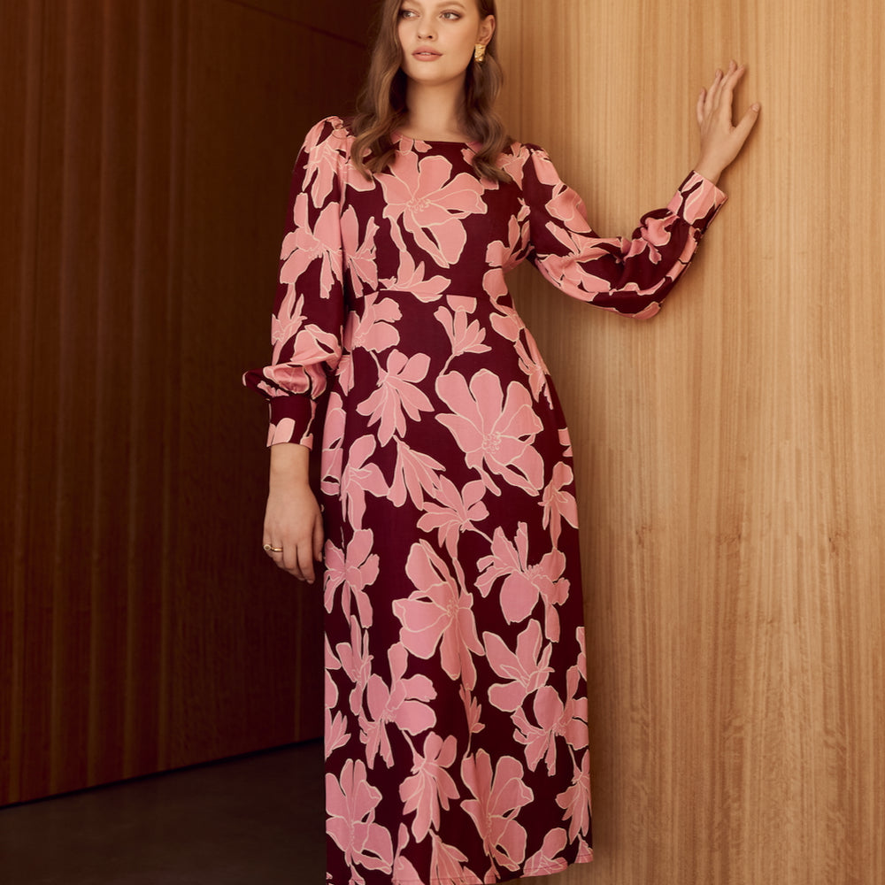 Pink Burgundy Magnolia Print long sleeve Shapeshifter maxi dress