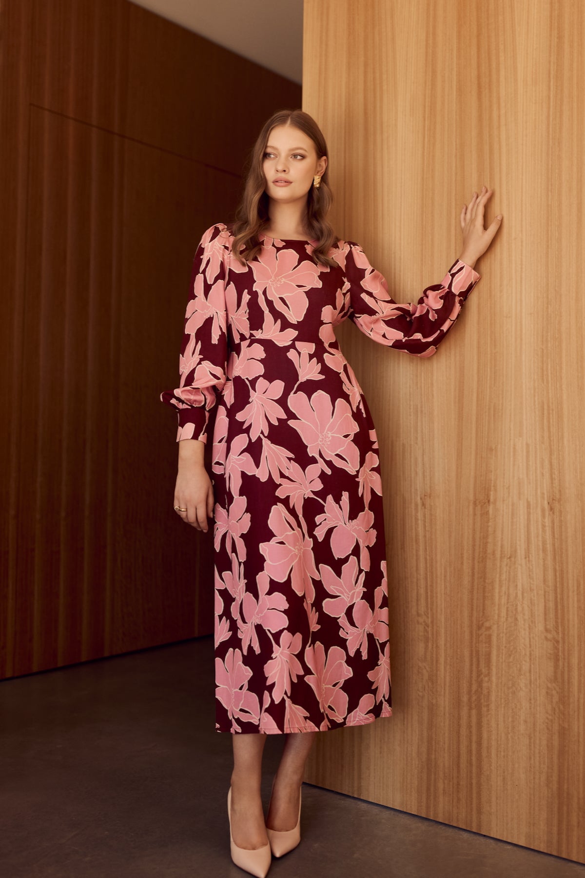 Pink Burgundy Magnolia Print long sleeve Shapeshifter maxi dress