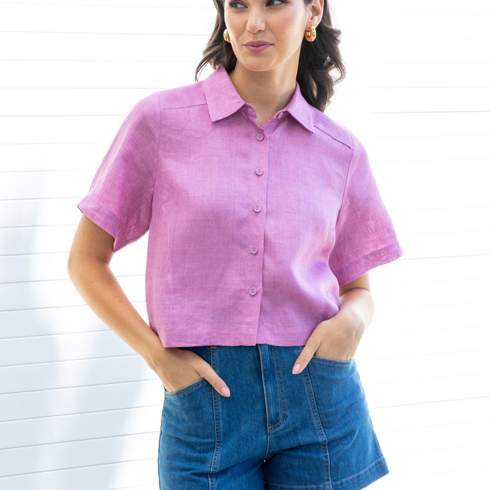 Orchid Yarn Dyed Linen Shirt Boxy Cropped