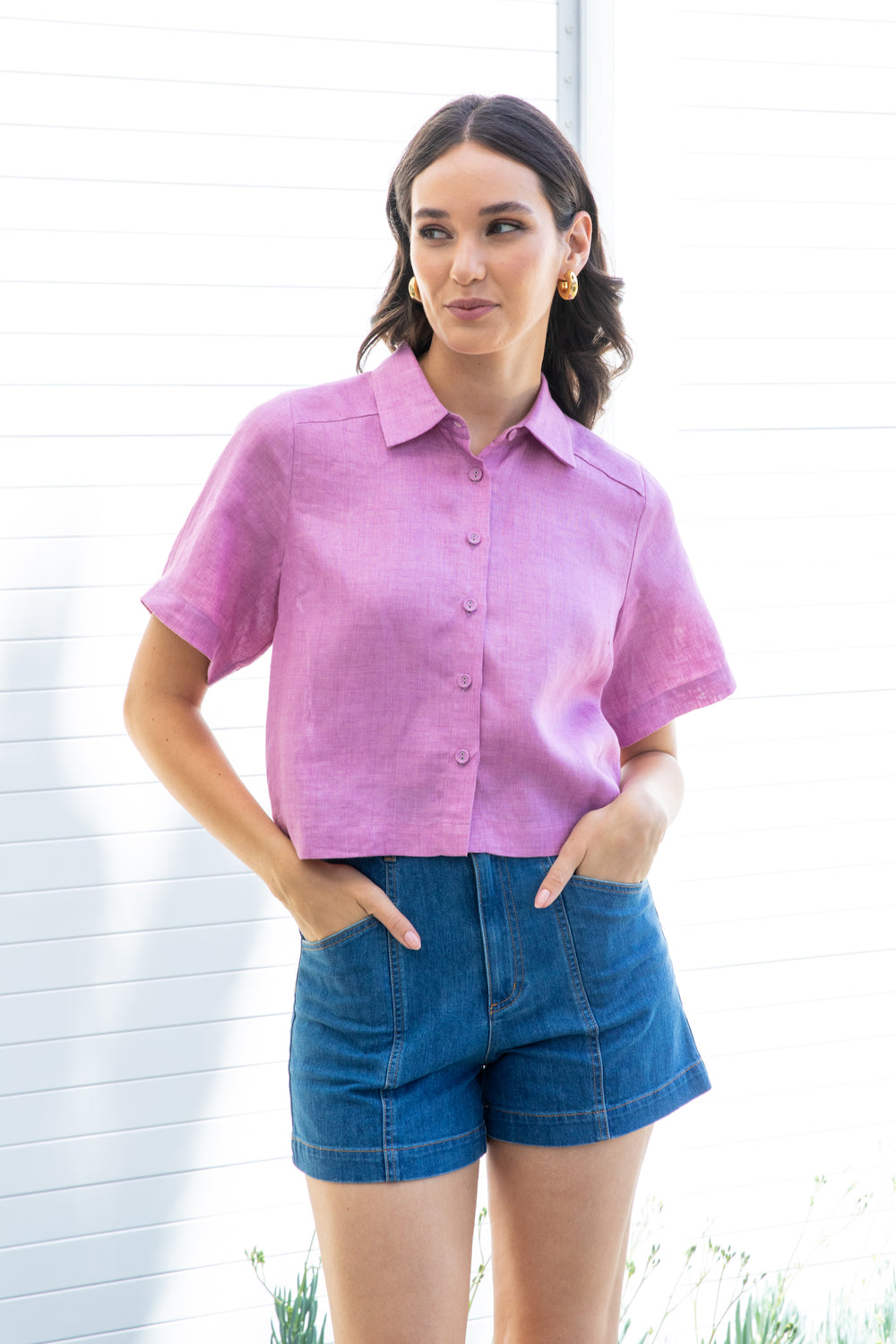 Orchid Yarn Dyed Linen Shirt Boxy Cropped