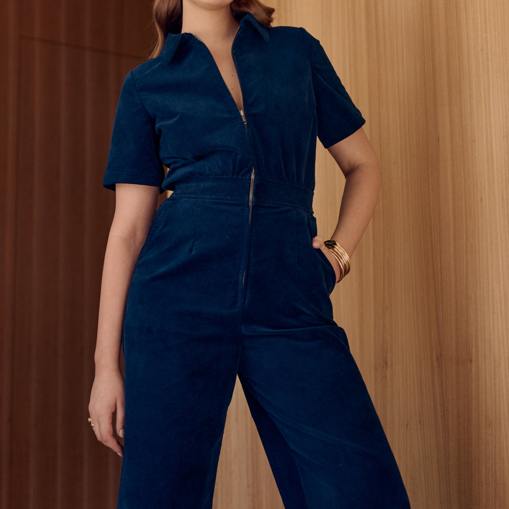 Petrol blue velvet jumpsuit boilersuit