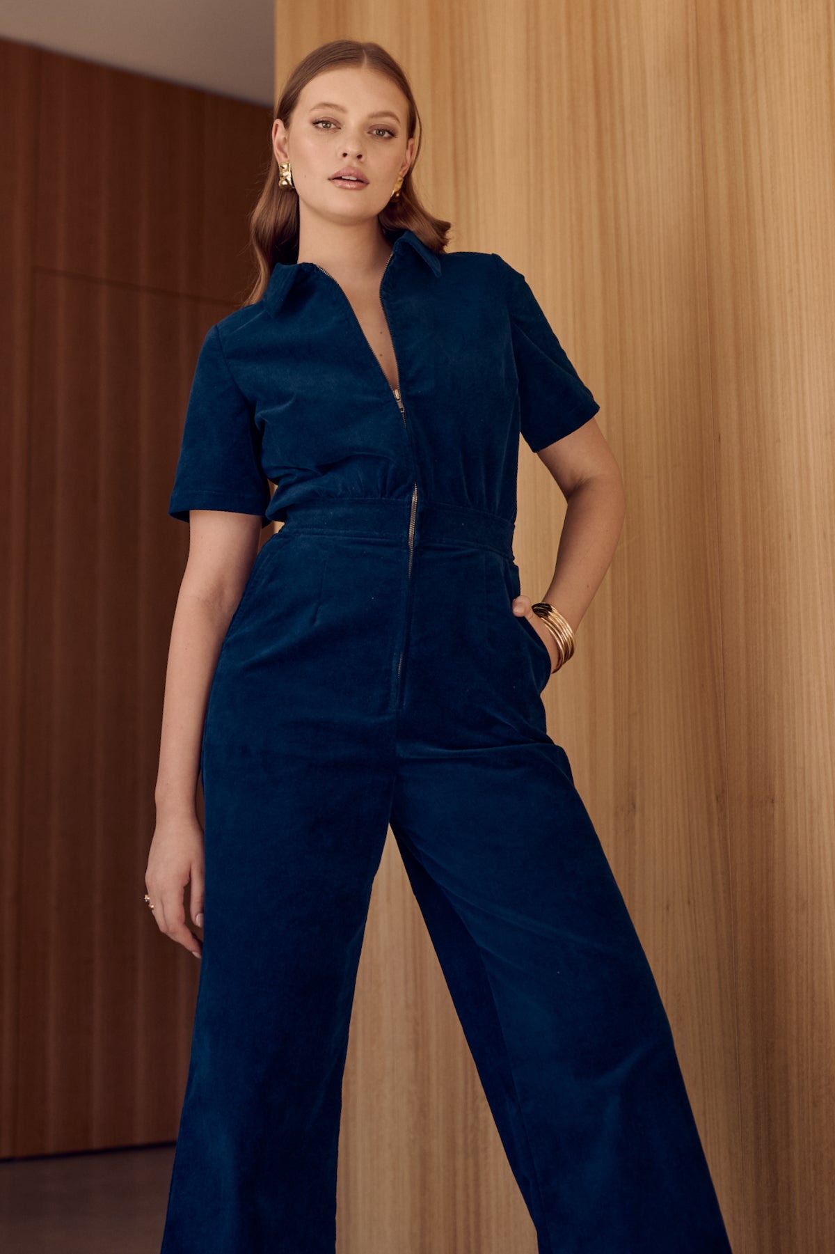 Petrol blue velvet jumpsuit boilersuit