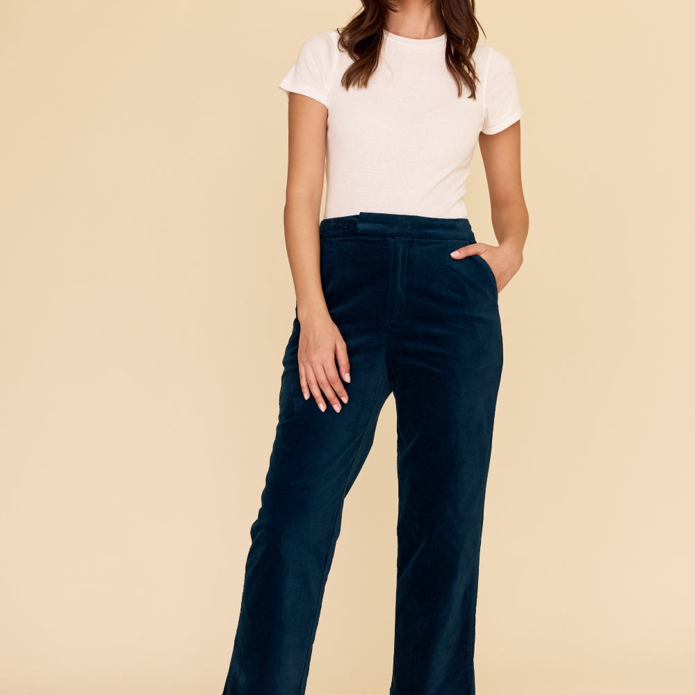 Petrol blue velvet straight leg pants trousers