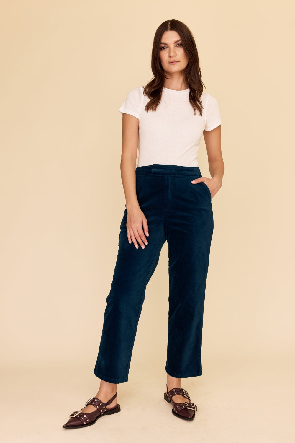 Petrol blue velvet straight leg pants trousers