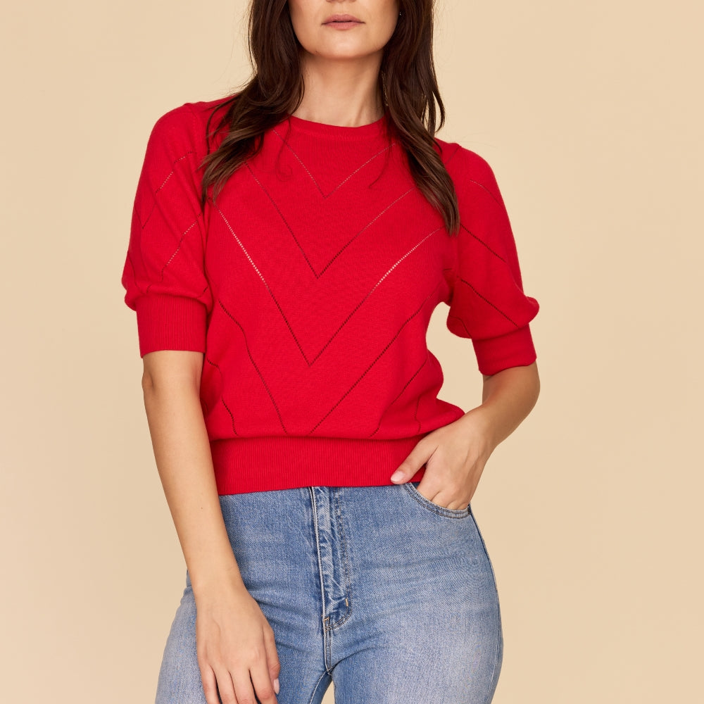 Red Chevron Knit Cotton Cashmere Jumper Elbow Sleeve