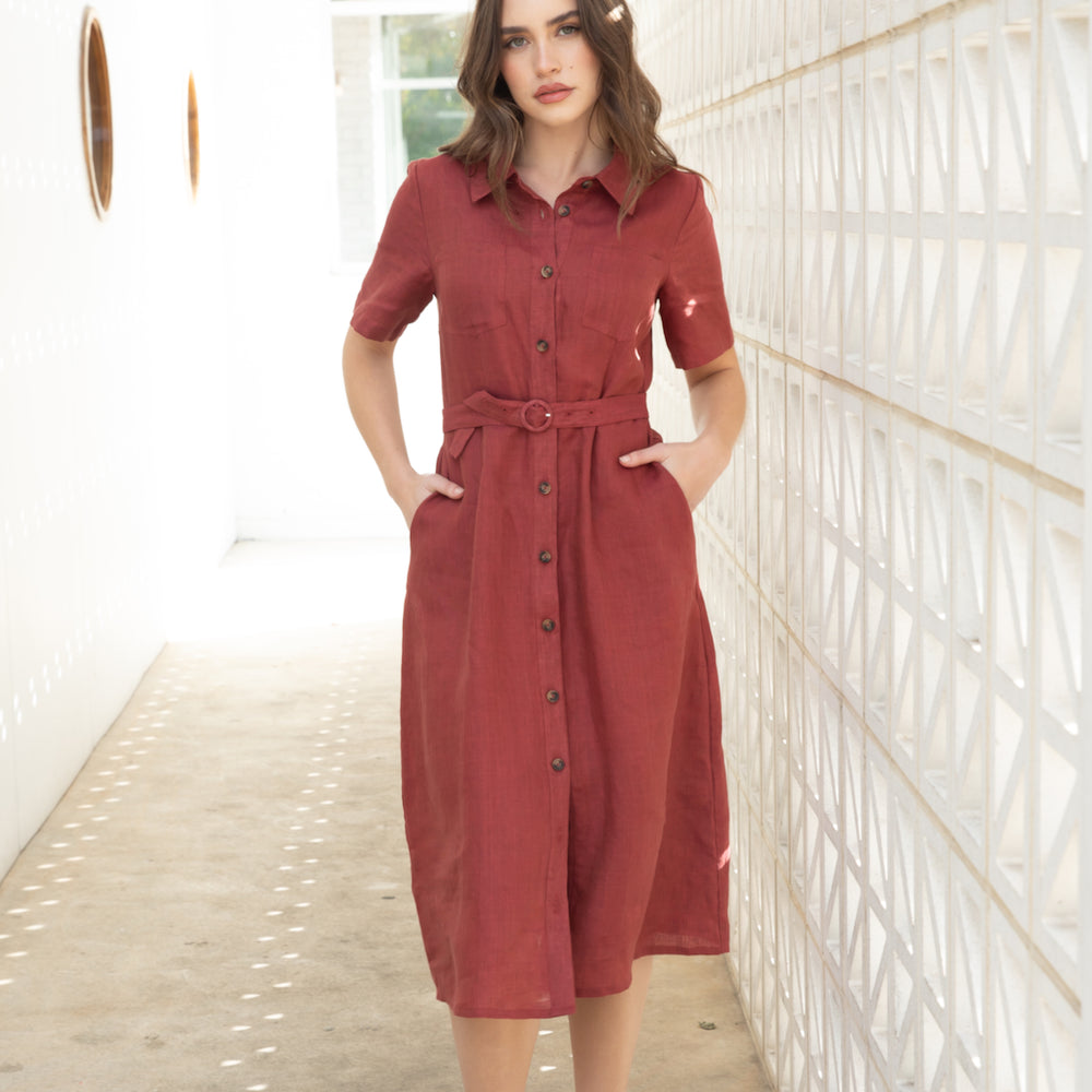 Rust Linen Button Through Shirt Dress with Belt