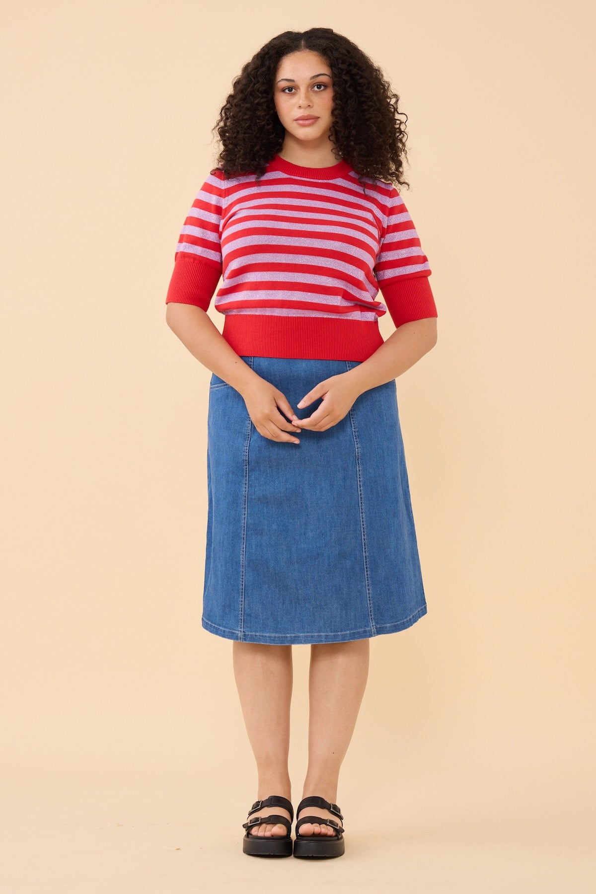 Woman wearing the Frock Me Out RED and DISCO LILAC Stripe Knit 