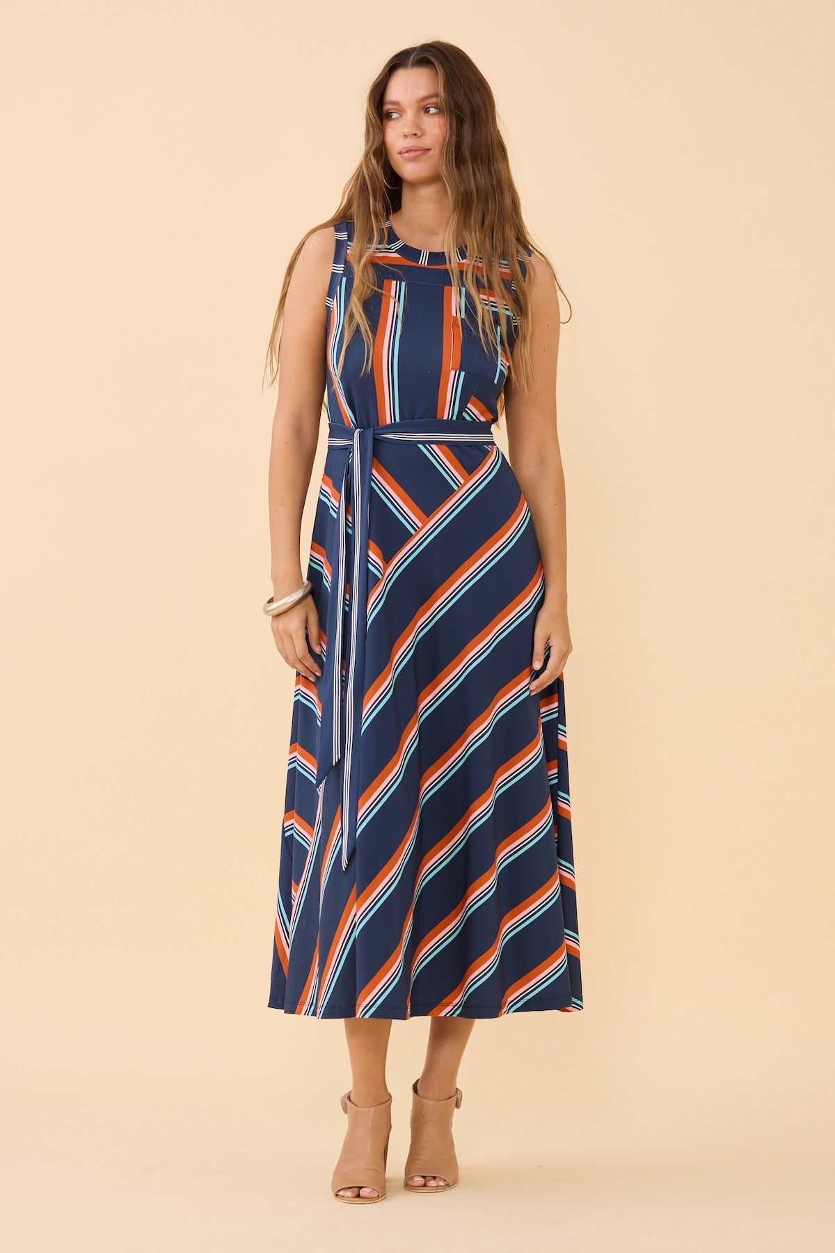 Woman wearing Frock Me Out Retro Stripe Roller Dress 