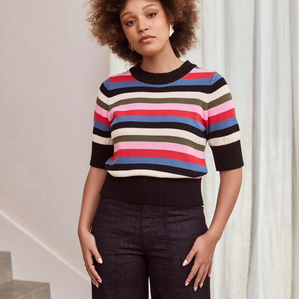 
                      
                        Elbow Sleeve Knit Jumper with Black Blue Pink Red Green and Vanilla white stripes
                      
                    