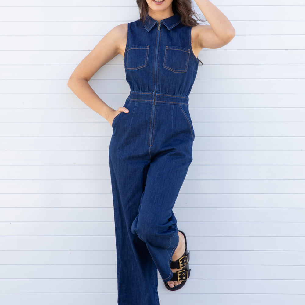 Sleeveless Blue Denim Jumpsuit Boilersuit