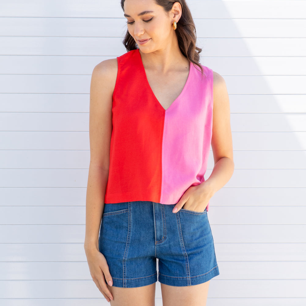 Red and Pink Splice V Neck Sleeveless Top