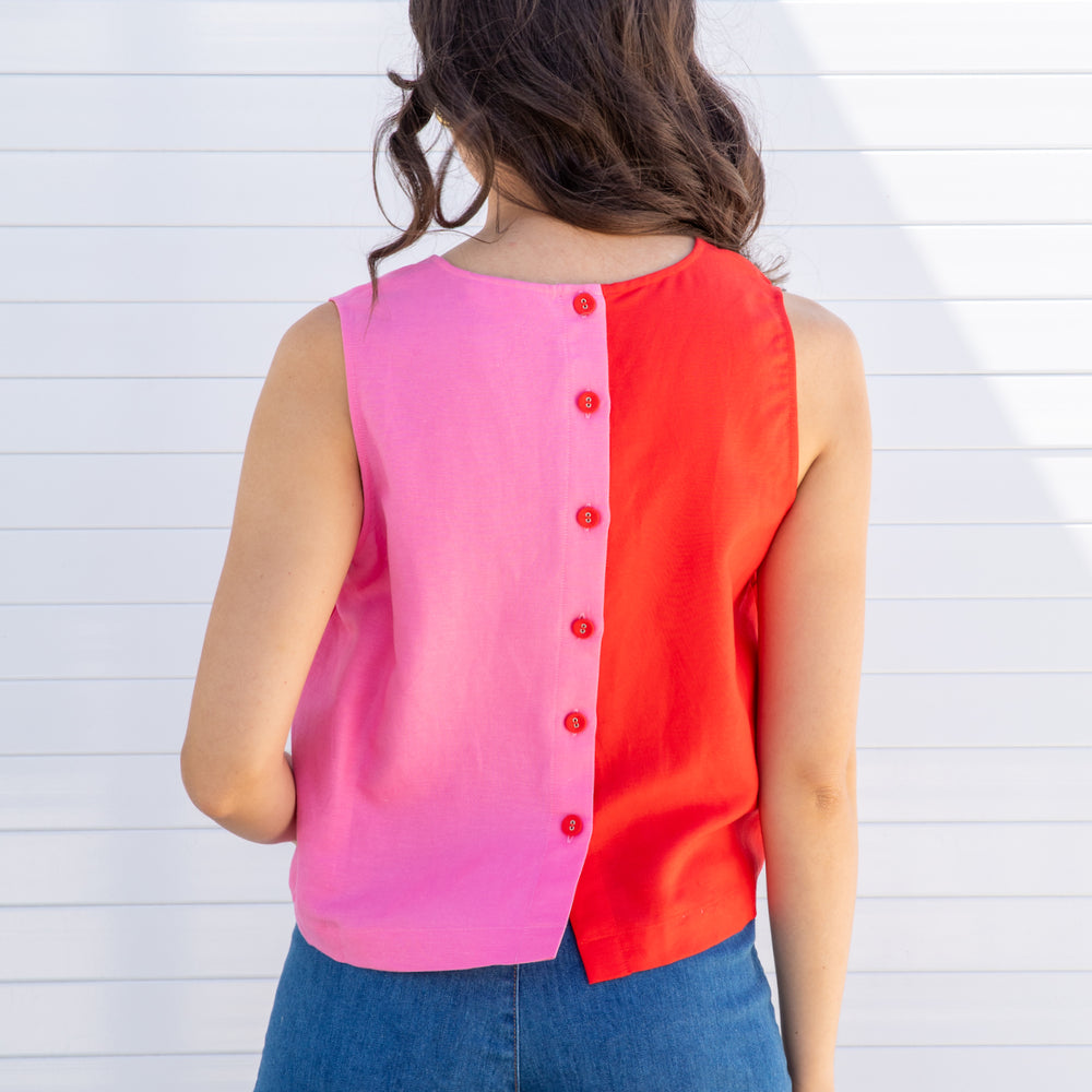 
                      
                        RED AND PINK Sleeveless V-neck Top
                      
                    