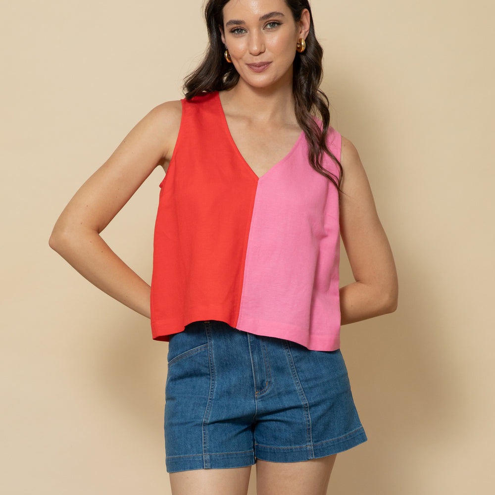 
                      
                        RED AND PINK Sleeveless V-neck Top
                      
                    