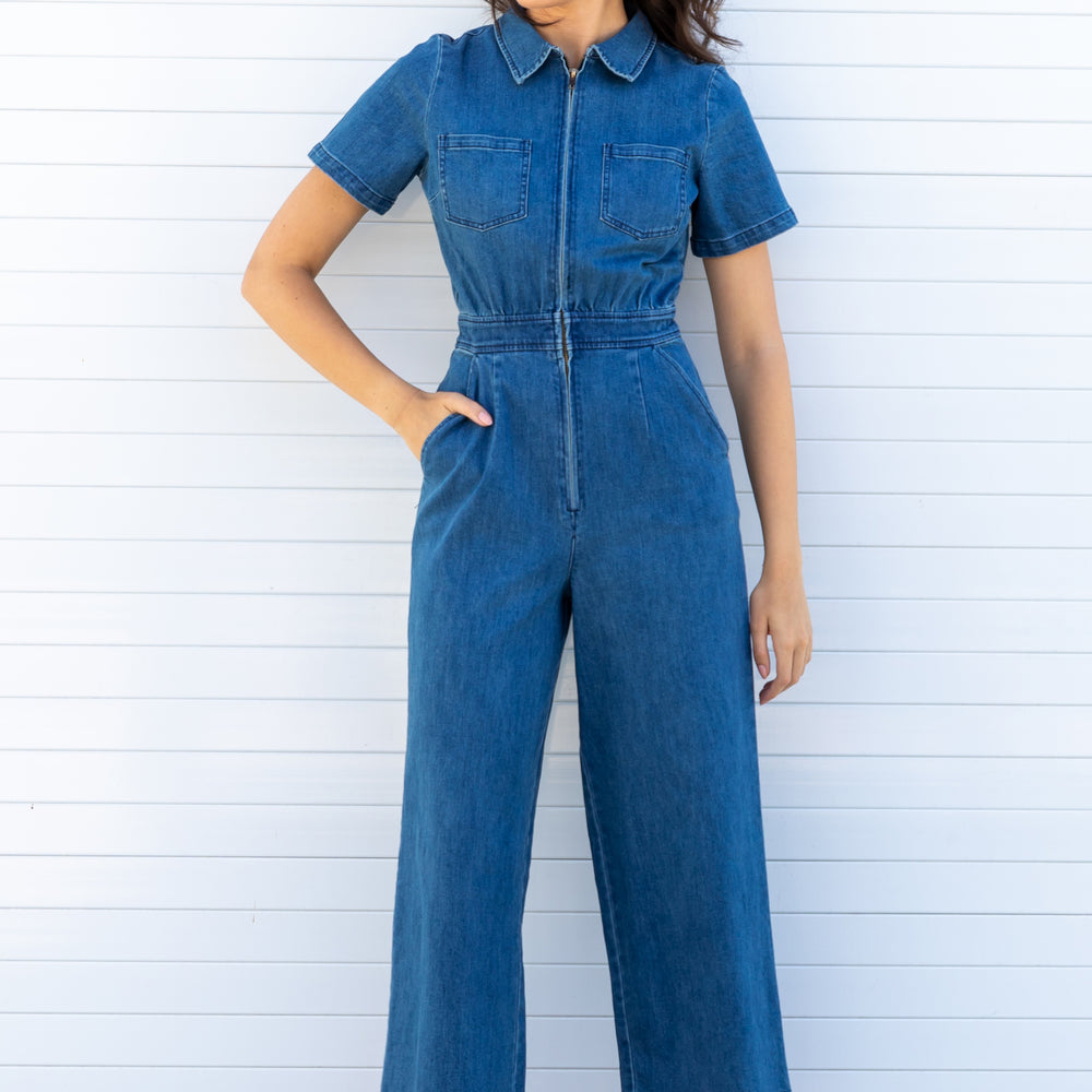 Vintage Wash Blue Denim Zip Up Jumpsuit Boilersuit