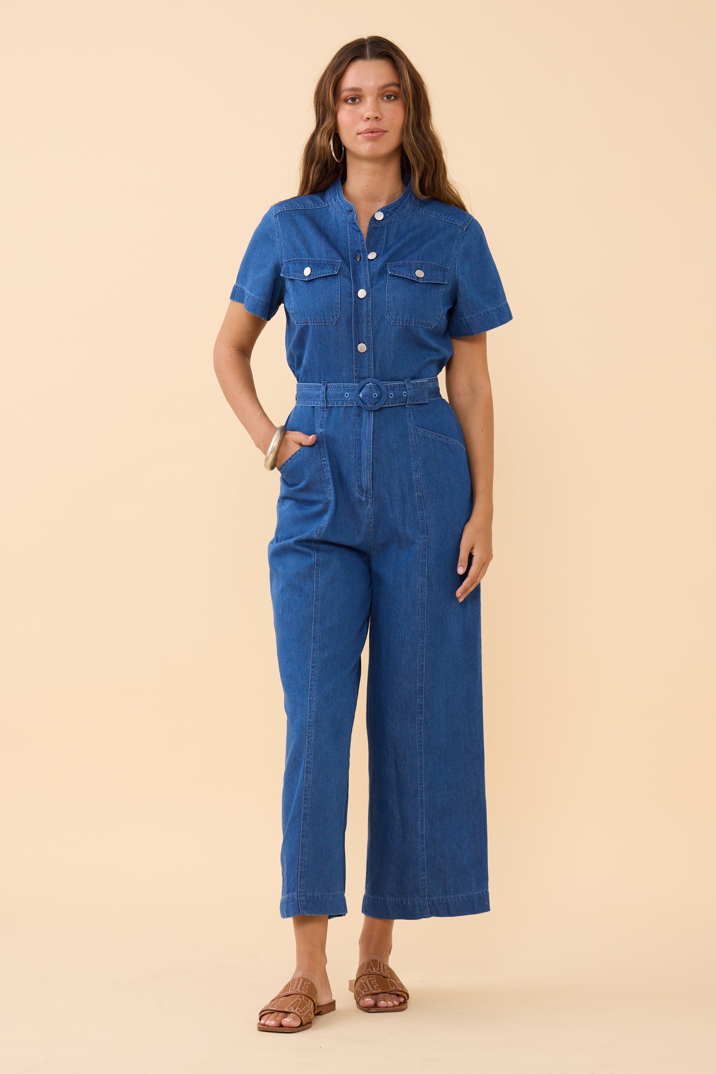 Woman wearing Frock Me Out CHAMBRAY Safari Jumpsuit