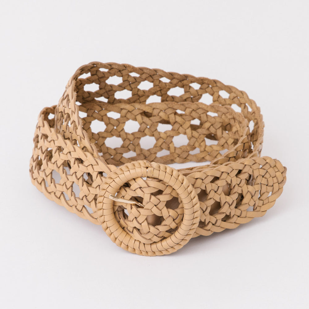 Beige leather vintage style woven belt